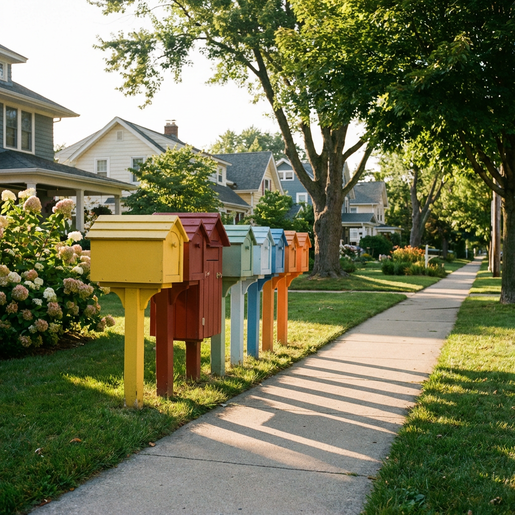 Colorful mailboxes along a sunny suburban street representing email delivery and reaching your audience