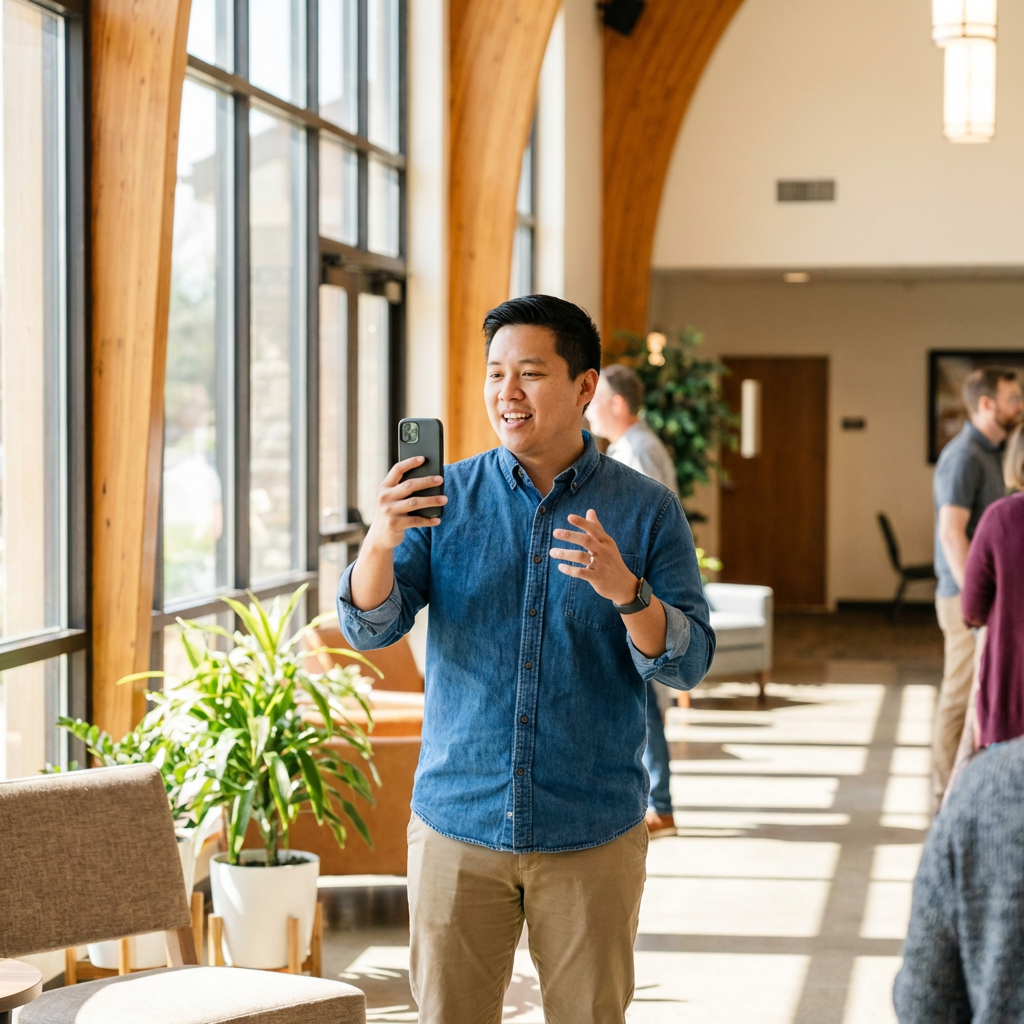 Church staff member recording a short video message on a smartphone in a church lobby