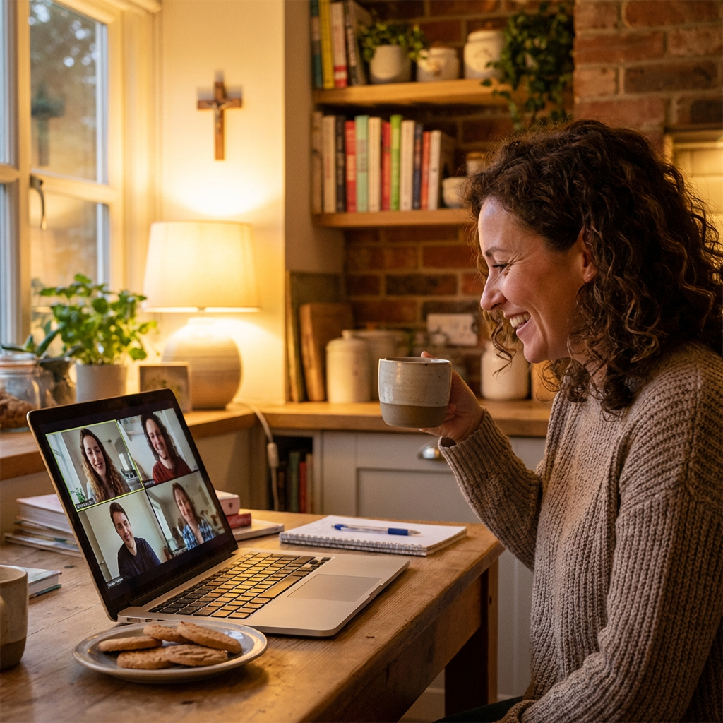 A diverse group of people participating in an online video call Bible study from their homes