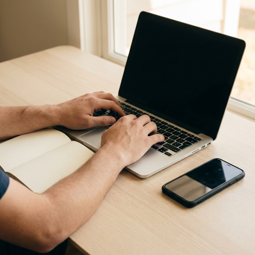 Hands typing a follow up message on a laptop