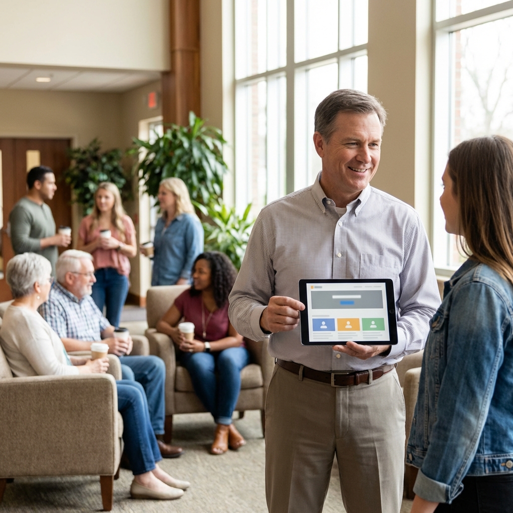 A friendly pastor holding a tablet in a modern church, showing personalized visitor profiles for tailored welcome messages.