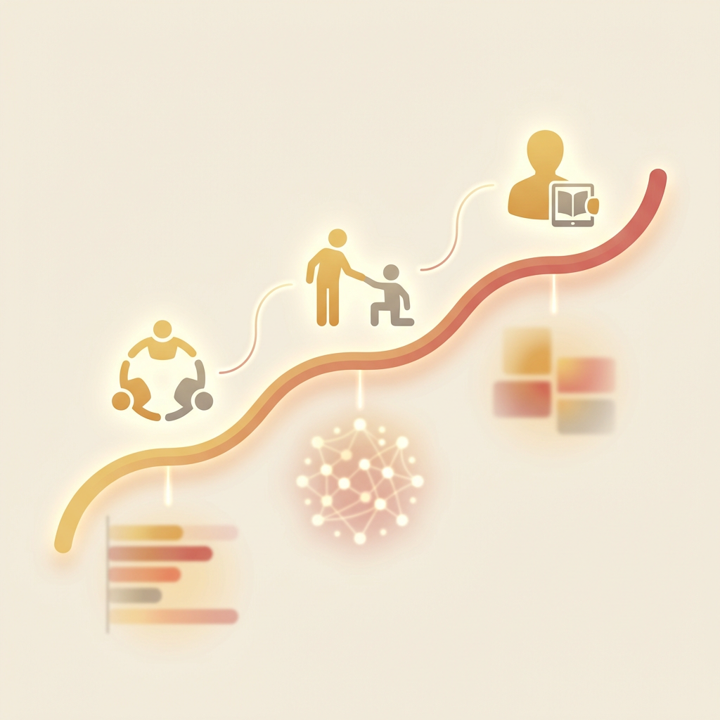 Infographic showing an upward-curving path with icons for small groups, volunteering, and learning, connected to abstract graphics, representing a discipleship journey tracked by CRM.