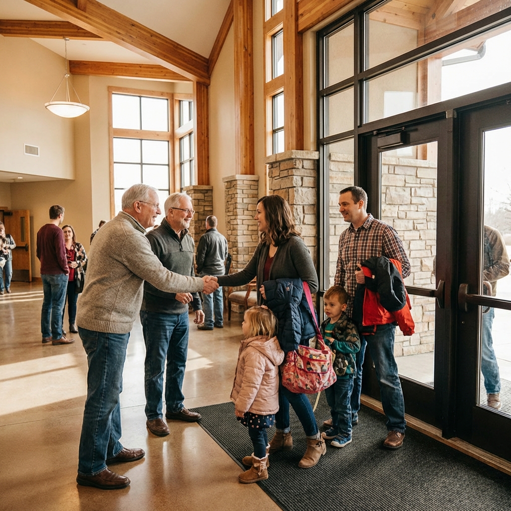 Church volunteers welcoming guests in a lobby setting