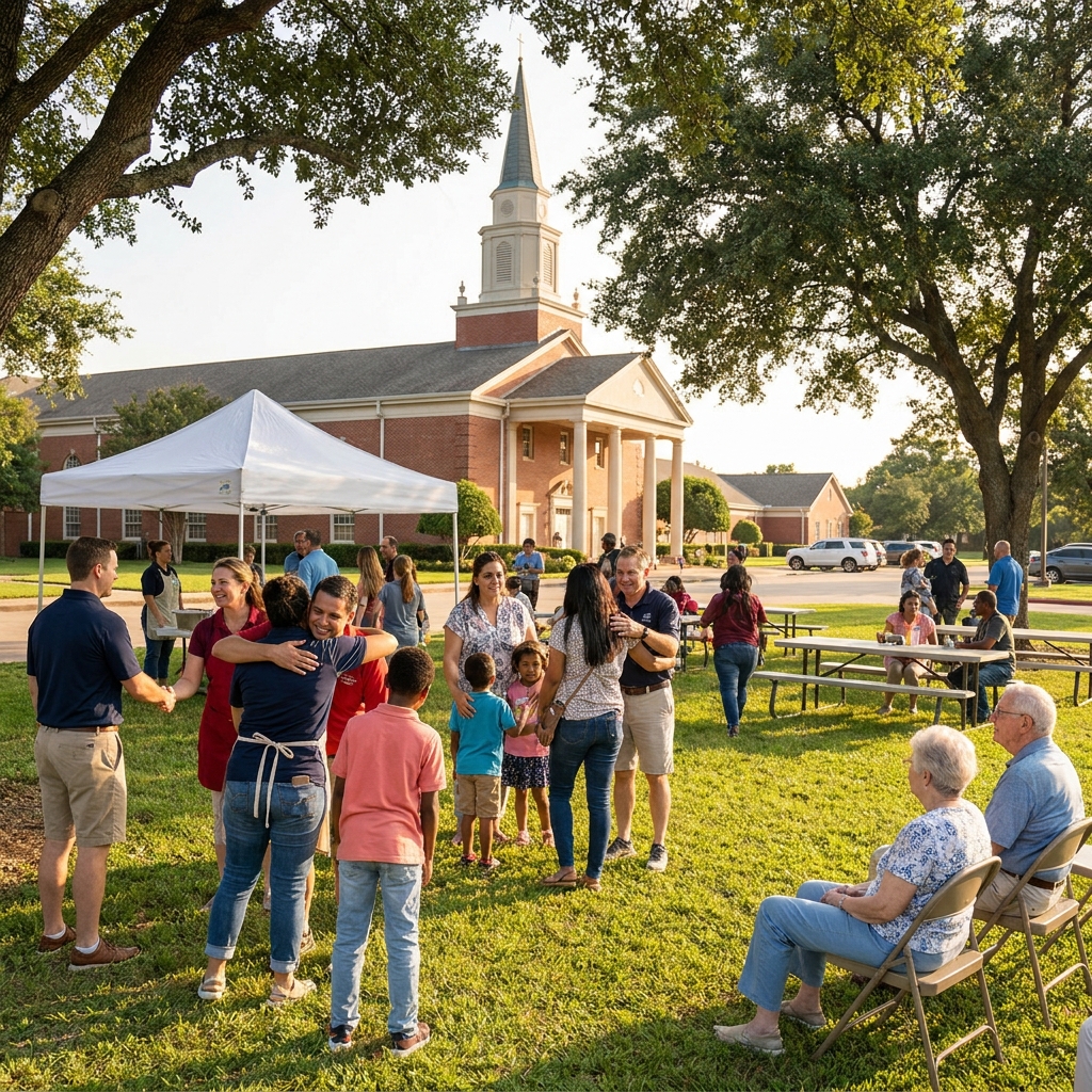 Church volunteers connecting with families at a community outreach event