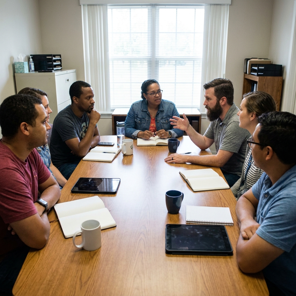 Church staff collaborating on outreach planning in a meeting room