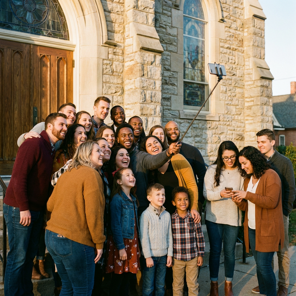 Church members smiling together outside after service while sharing moments on their phones