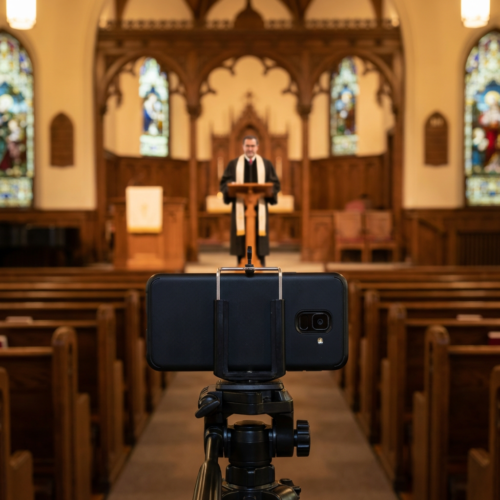 Smartphone on tripod filming in a church sanctuary during content creation