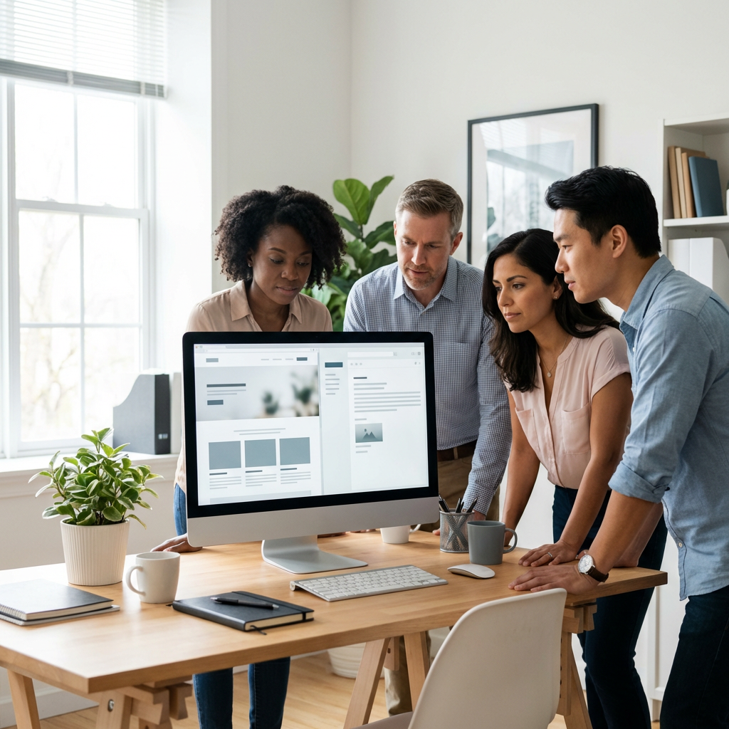 Church staff reviewing website and email content together in an office