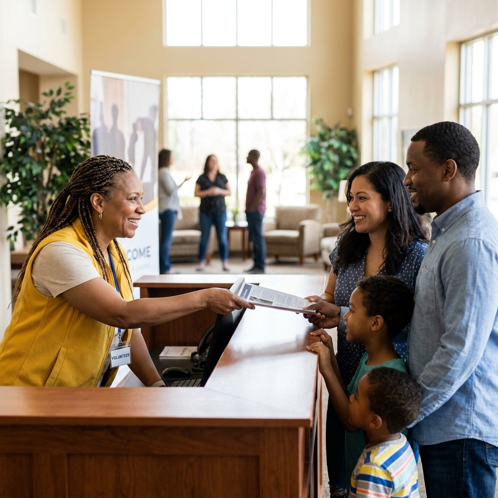 Volunteer welcoming a family in a church lobby