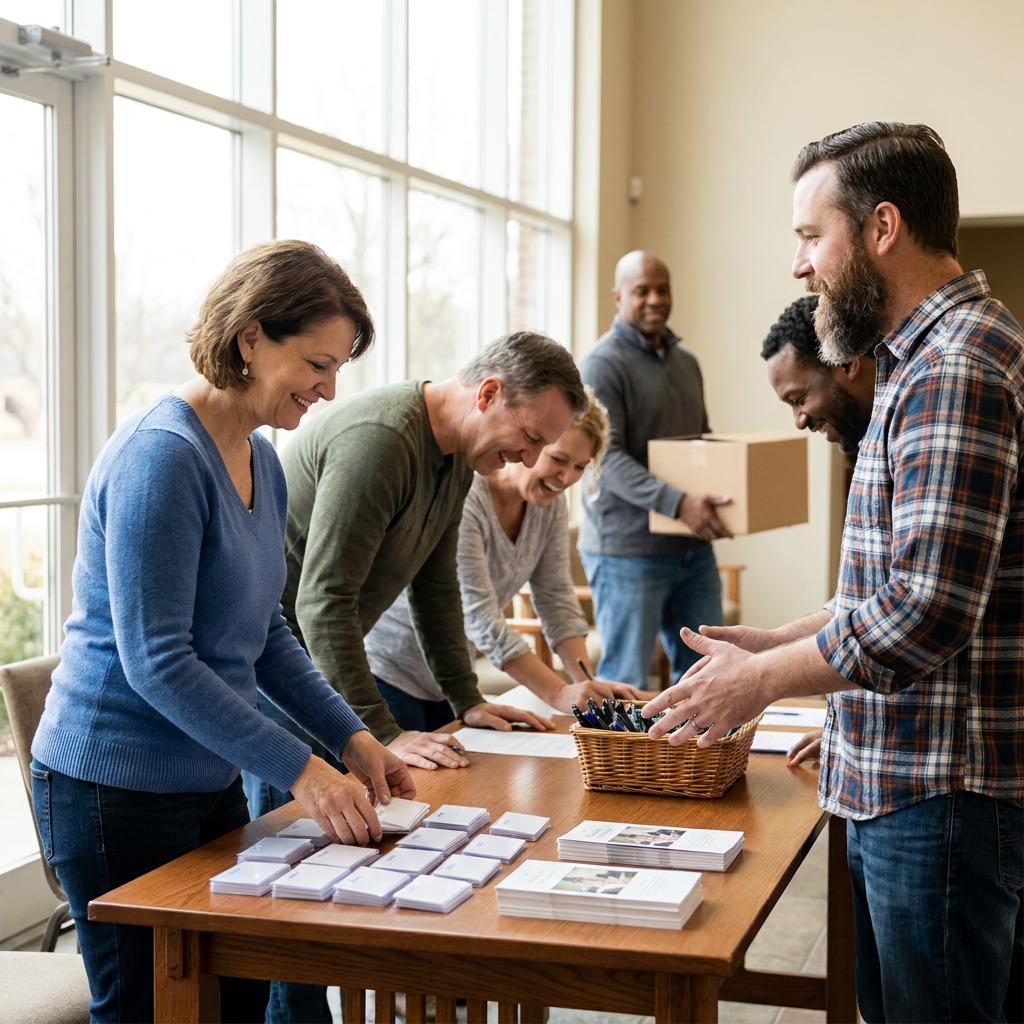 Church volunteer team preparing a welcoming lobby