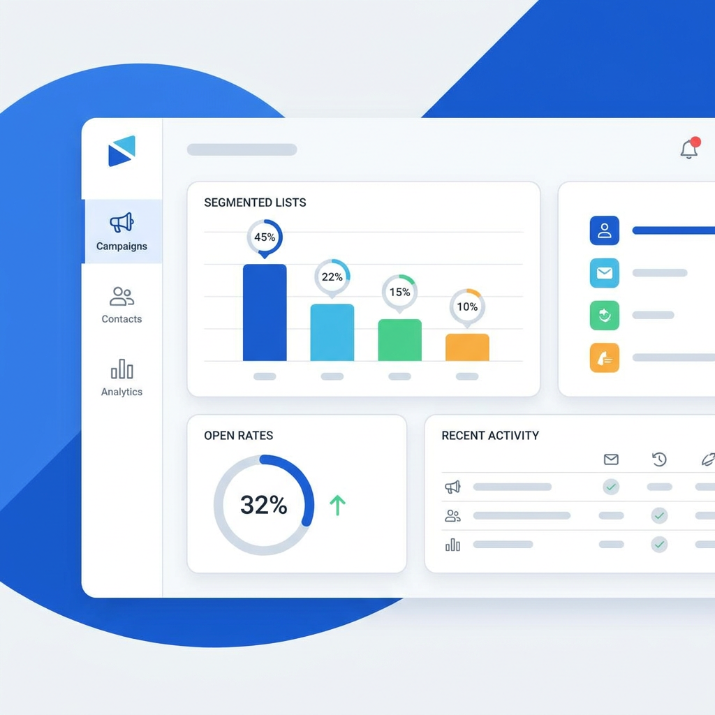 Clean, modern graphic of an email marketing platform dashboard with segmented lists and data visualization.