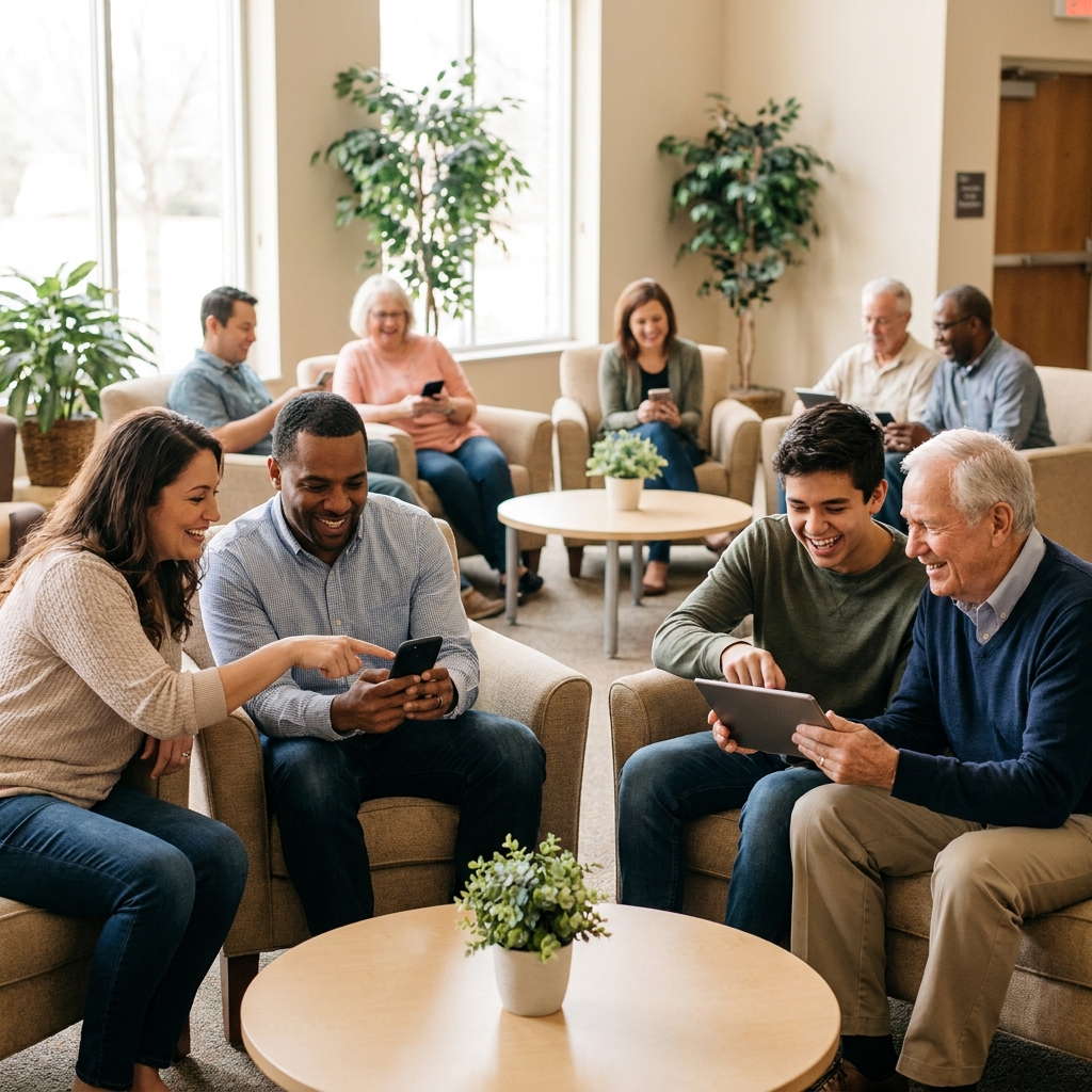 Diverse American church members in a fellowship hall actively engaging with social media on smartphones and tablets.