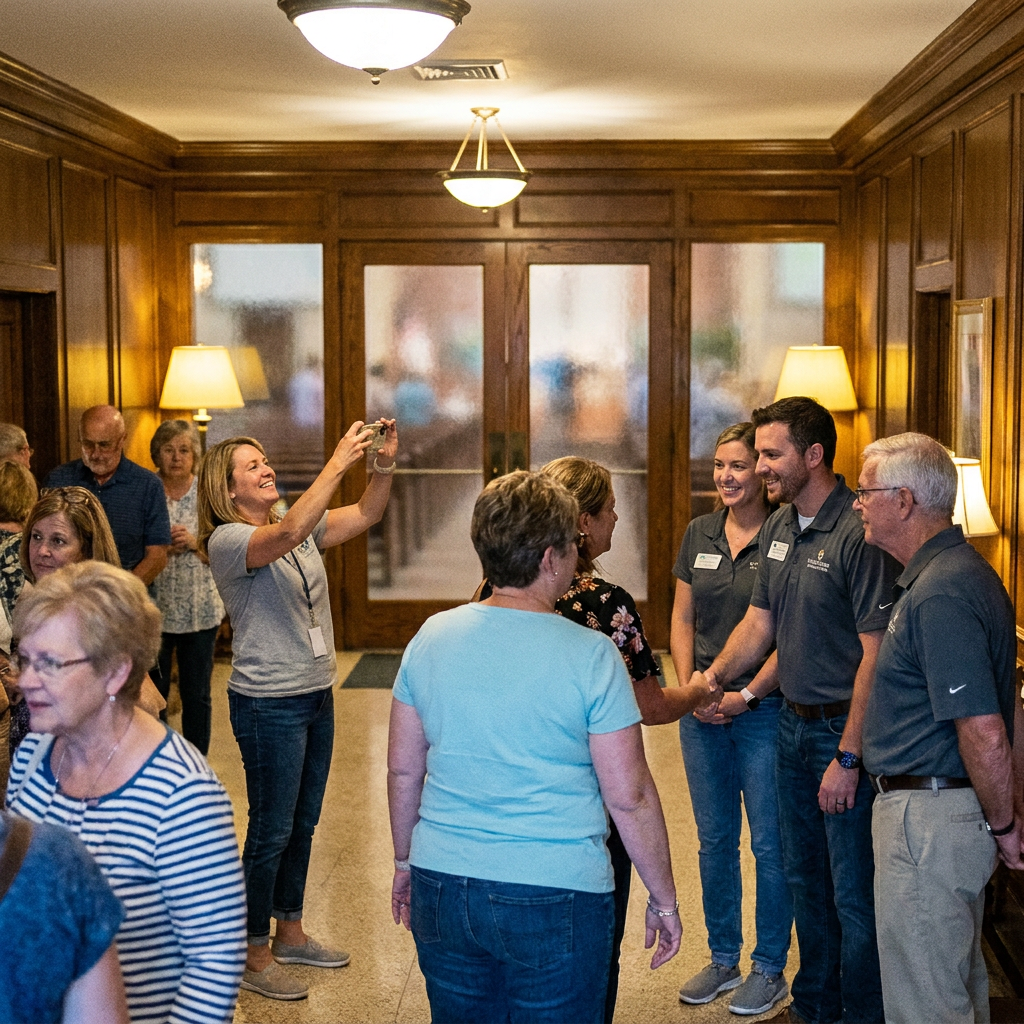 Church welcome team greeting visitors in the lobby while content is captured for social media