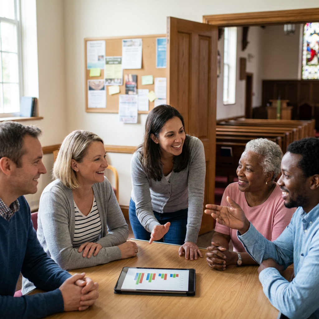 Church volunteer team reviewing social engagement performance on a tablet during planning