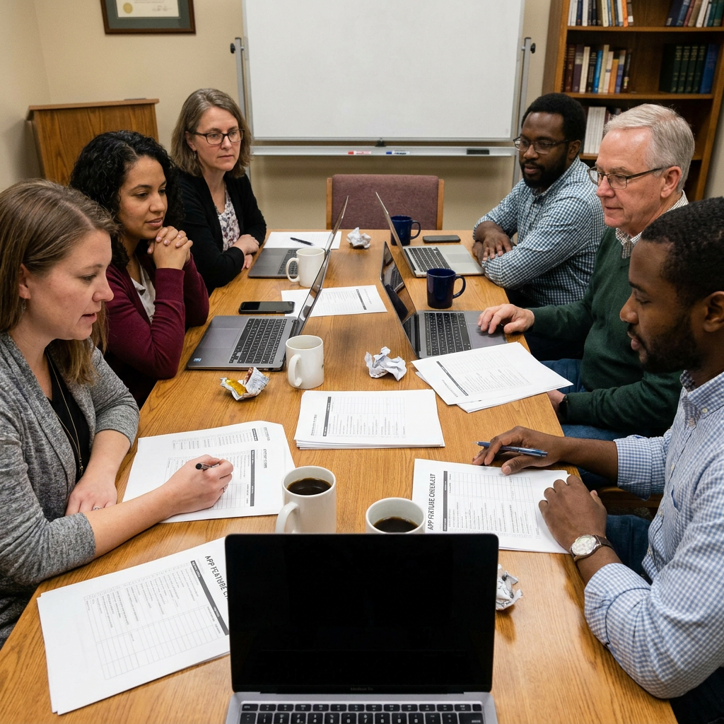 Church staff evaluating app options together in a planning meeting