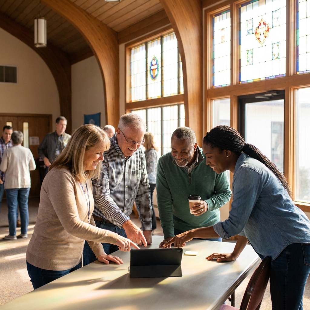 Church volunteers coordinating ministry roles with a tablet before service