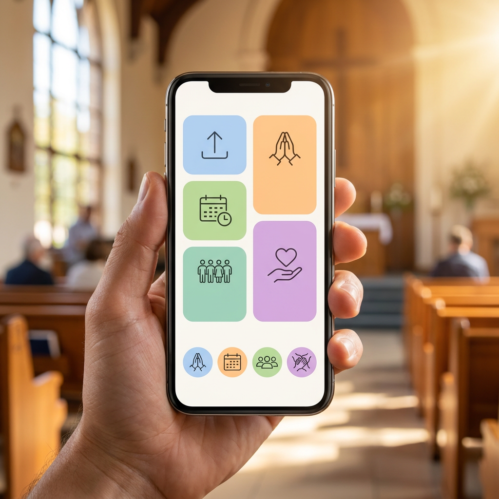 Smartphone displaying a church app next-step dashboard in a church lobby