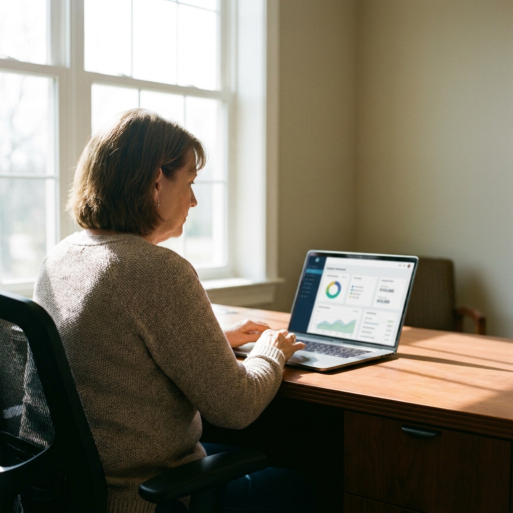 A church staff member reviewing a clean online donation dashboard on a laptop in a bright office, realistic interface, no readable text on screen