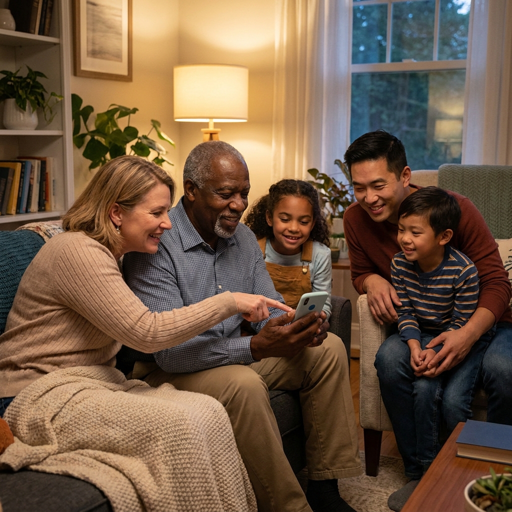 A diverse American church family using a smartphone together to set up a recurring donation at home, warm evening light, natural expressions, no visible text