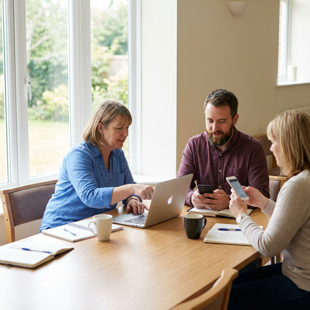 Church staff reviewing a weekly communication plan on a laptop and phones in a bright meeting room, practical ministry setting, natural light, no visible text