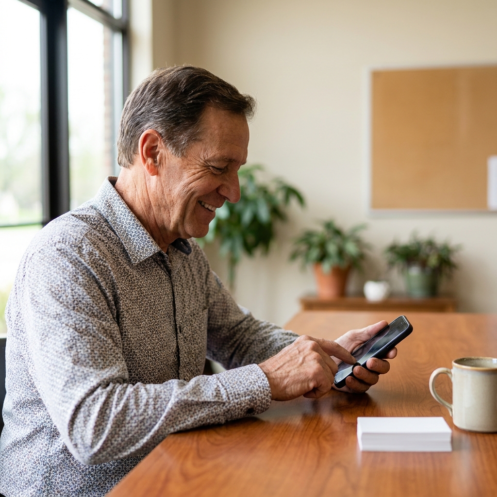 A ministry leader sending a warm follow up text message from a smartphone at a church welcome desk, clean background, natural lighting, no visible text on screen