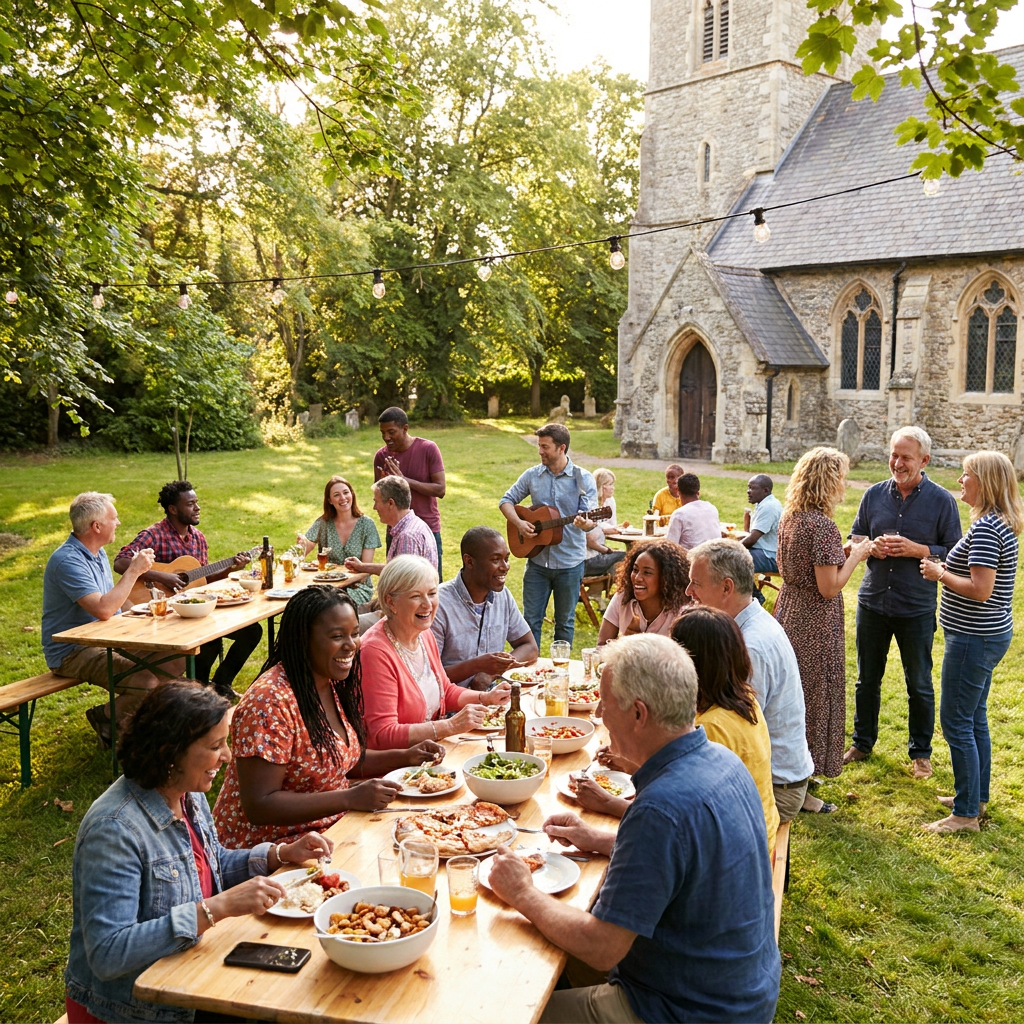 Happy diverse group of people participating in a church community event, outdoor setting, bright and clear day.