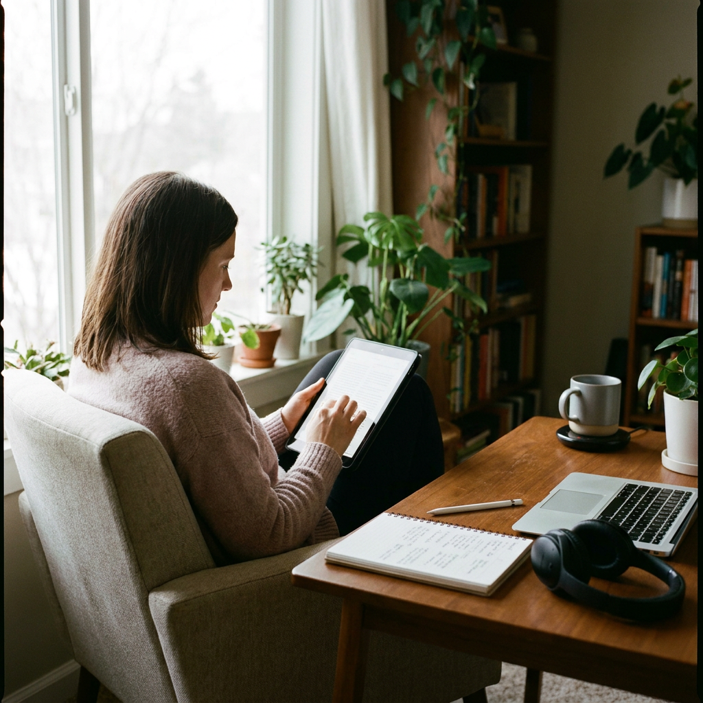 A person studying the bible on a tablet, surrounded by modern digital learning tools, serene and focused atmosphere.