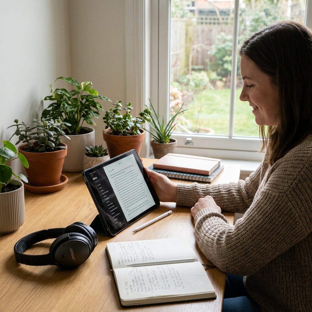 A person studying the bible on a tablet, surrounded by modern digital learning tools, serene and focused atmosphere.