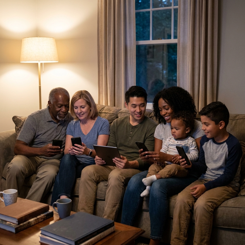A diverse American family sitting together on a couch using a Bible app during evening devotional time, warm home lighting, realistic expressions, no visible text on screens