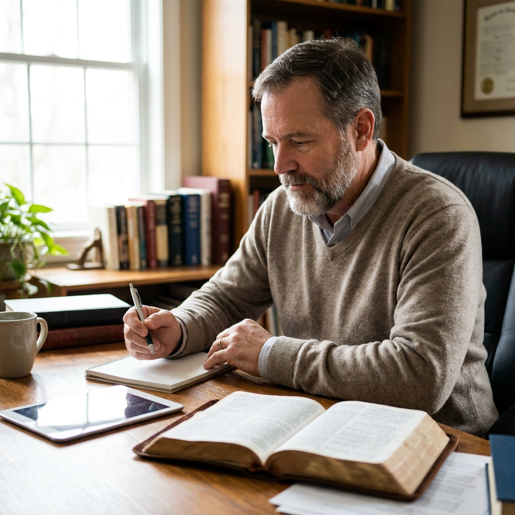 A pastor at a desk preparing a sermon with an open Bible, tablet, and notebook, calm focused environment, natural morning light, no visible text