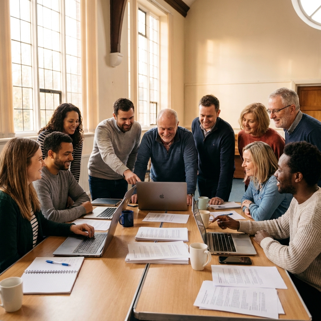 A diverse American church welcome team meeting around a table, reviewing volunteer roles with laptops and printed schedules, warm natural light, realistic candid ministry setting