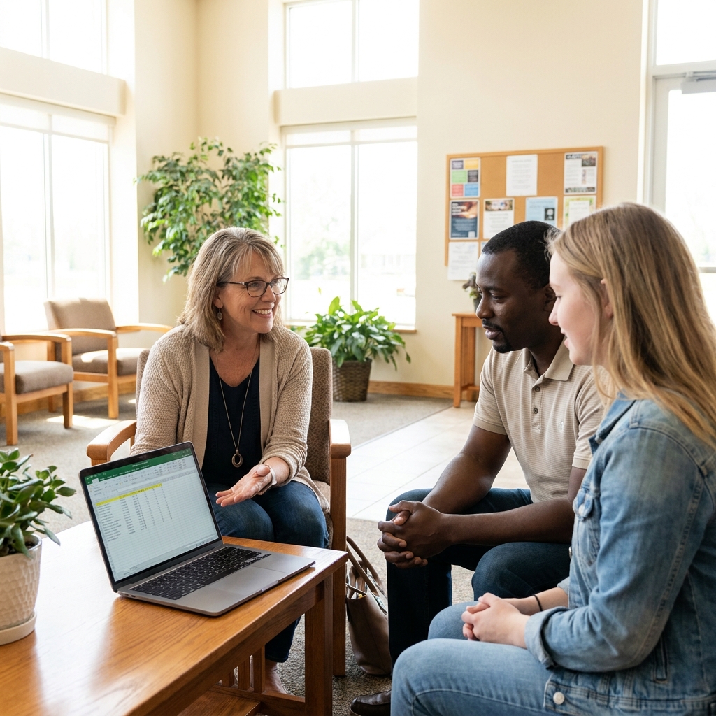 A realistic church volunteer coordinator using a laptop to organize ministry schedules while talking with two diverse American volunteers in a church lobby, bright welcoming environment