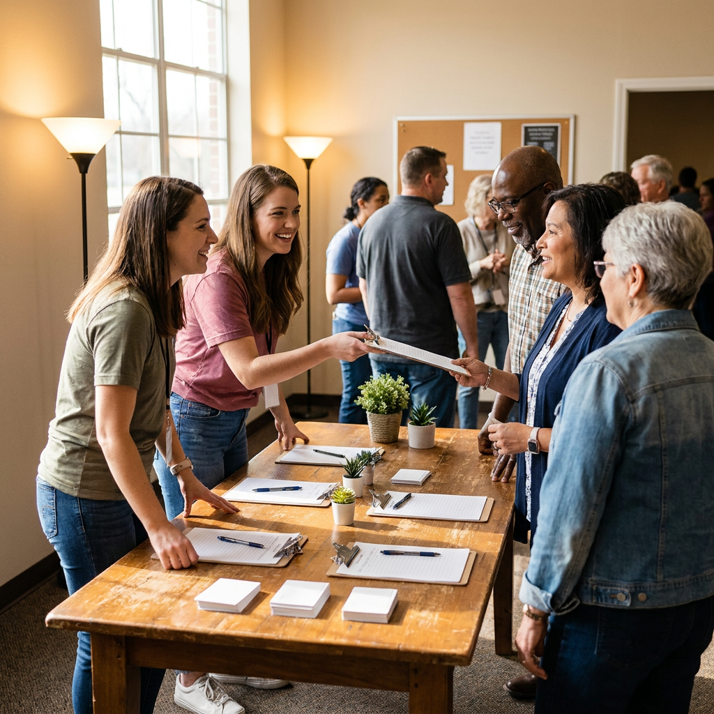 A welcoming church lobby table with a simple small groups sign-up display, warm lighting, clipboards, signup cards, and friendly volunteers helping diverse American adults choose a group