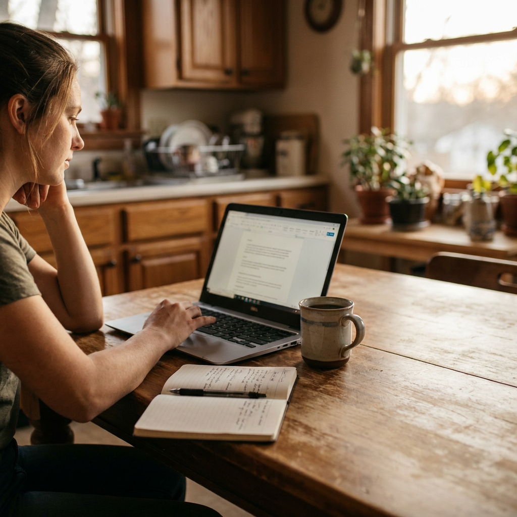 A church small group leader sending a thoughtful follow-up message from a laptop at a kitchen table, with a notebook, coffee mug, and calm evening light, realistic home setting, no visible text