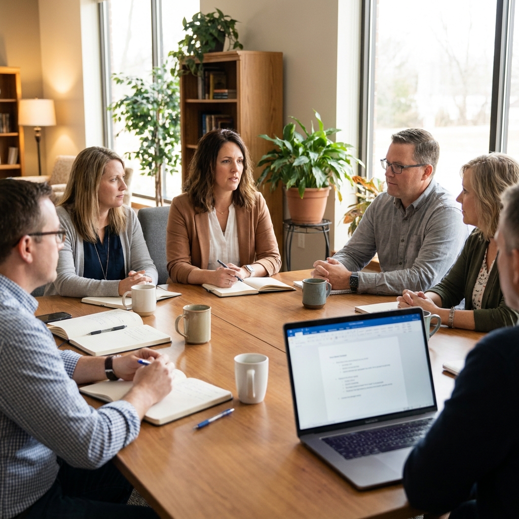A church staff meeting around a table with notebooks, coffee, and a podcast outline on a laptop screen, warm natural light, realistic modern church office, no visible text