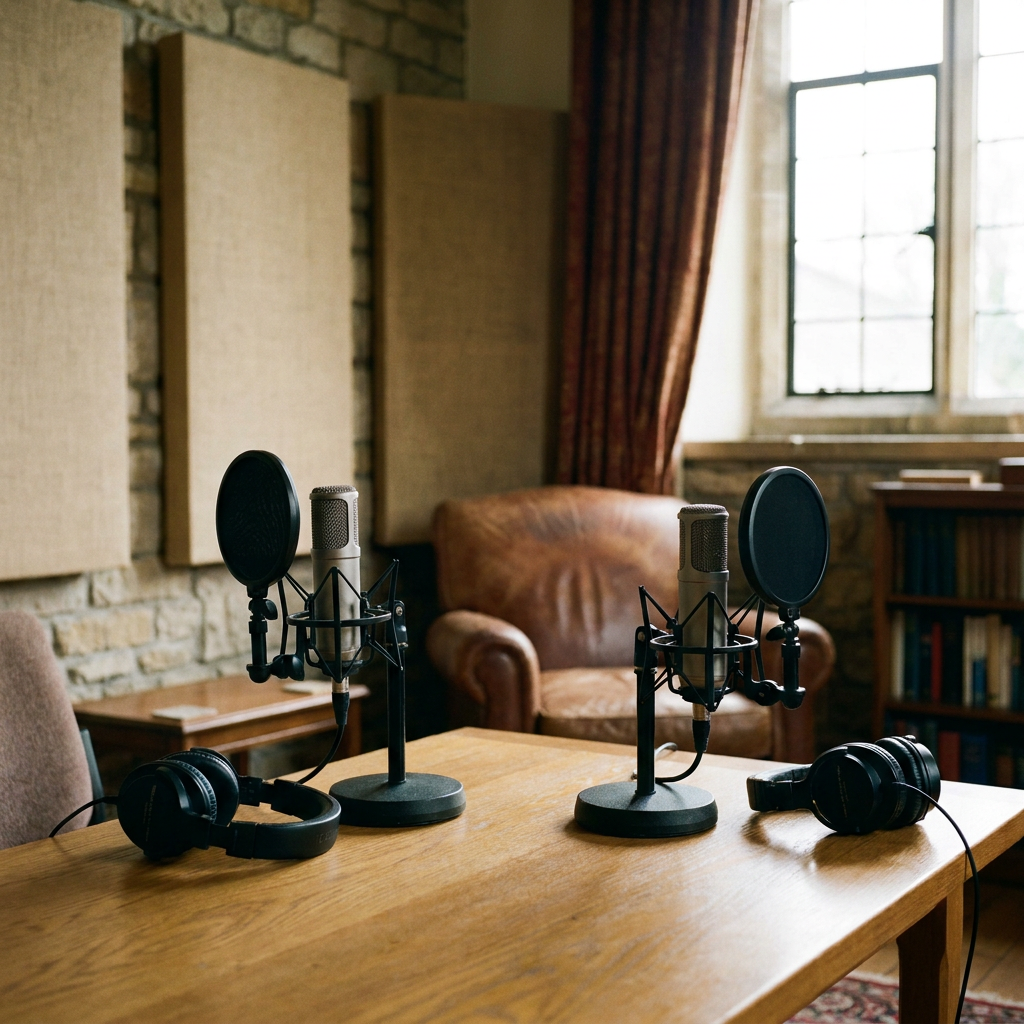 Two podcast microphones on a table in a quiet church office, headphones beside them, acoustic panels and soft furnishings in the background, realistic lighting, no visible text or logos