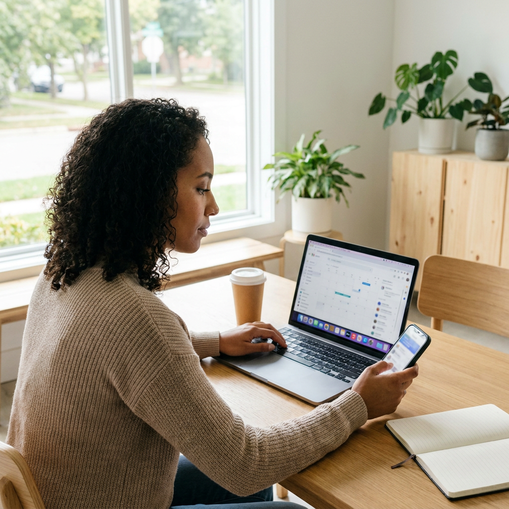 A church communications volunteer scheduling a podcast episode promotion on a laptop and phone, simple social media workflow, bright office scene, realistic diverse American adult, no readable text on screens