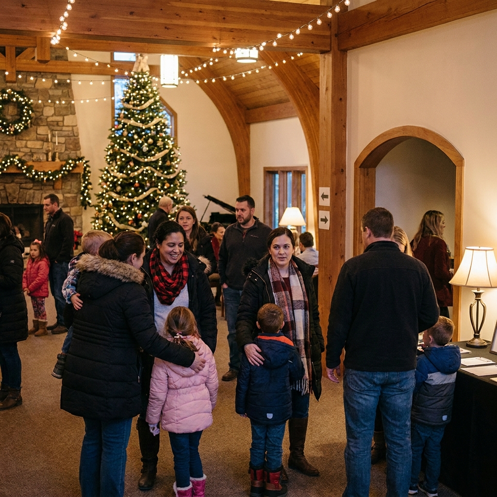 A welcoming church lobby decorated for Christmas, clear wayfinding, warm lights, realistic diverse American families arriving, candid documentary photography