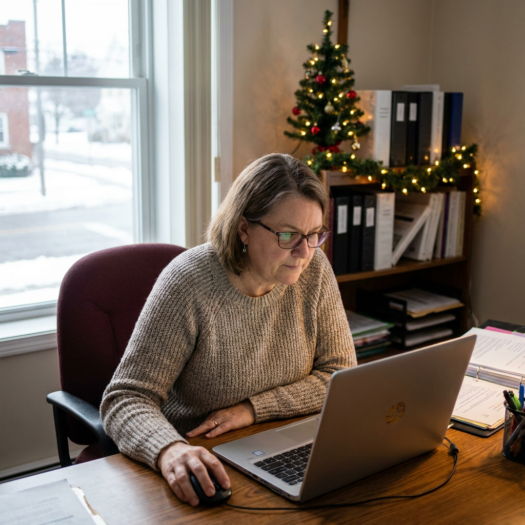 A church communications volunteer updating a Christmas service webpage on a laptop, festive but professional setting, no visible text on screen, realistic American church office