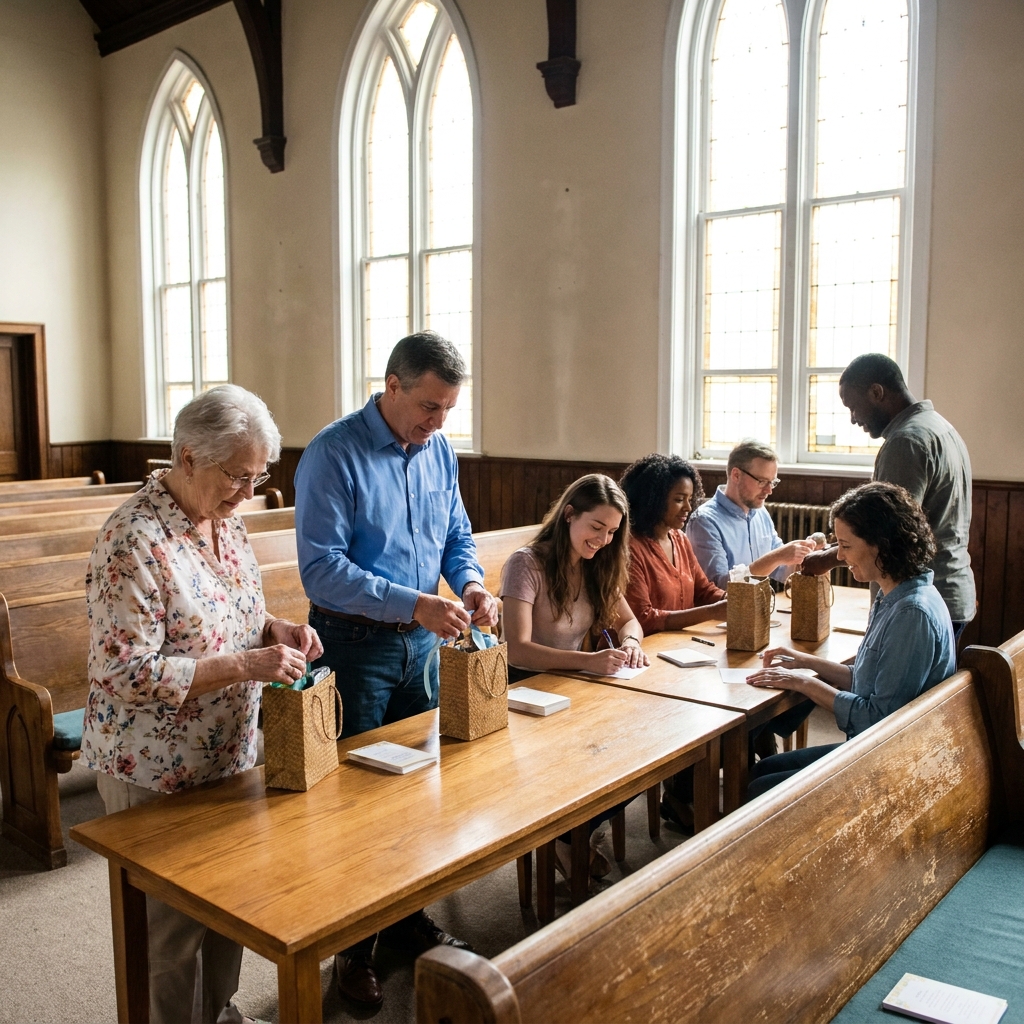 Several diverse American church members writing thank-you notes and arranging small gift bags for pastors in a bright church lobby, candid realistic moment, warm natural light