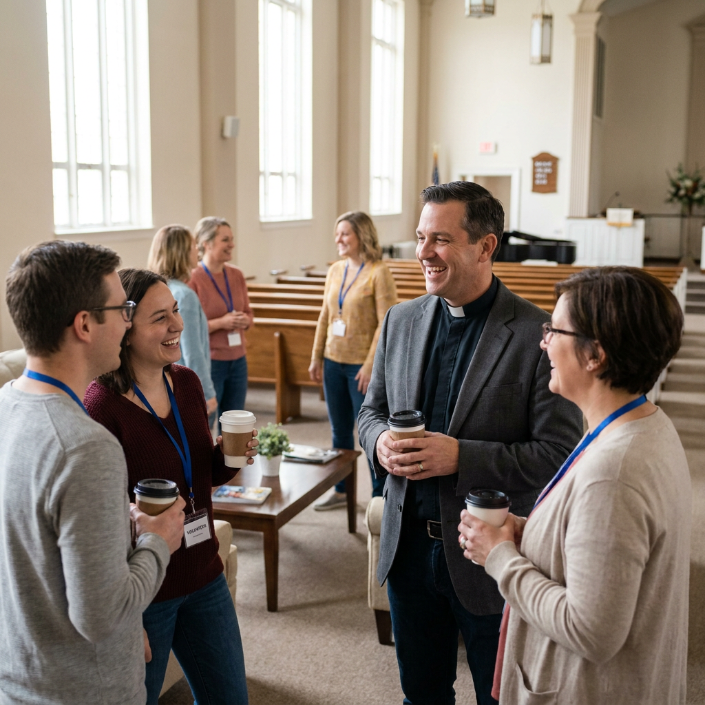 A pastor speaking warmly with volunteers after service while church members smile nearby, realistic American church setting, natural light, no visible text