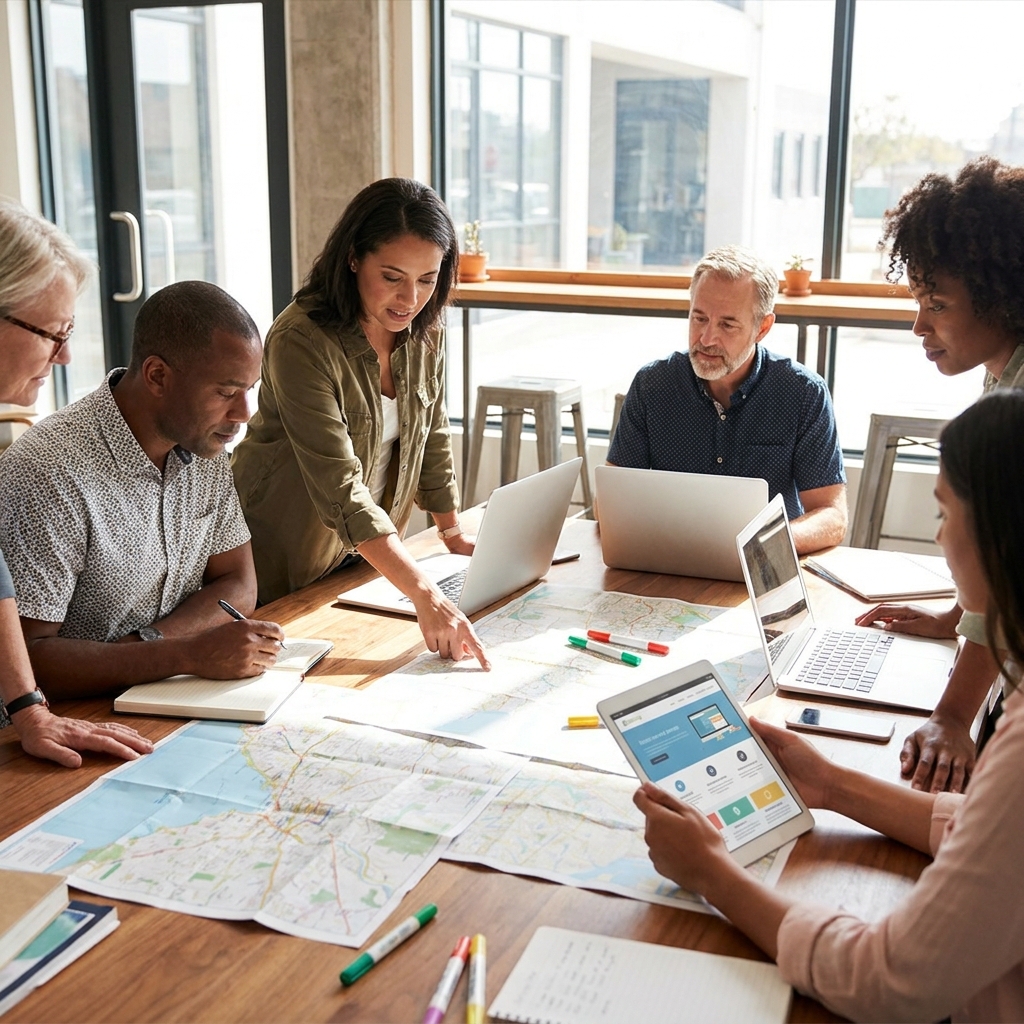 A diverse American church plant launch team reviewing a mobile-friendly church website on laptops and a tablet, printed neighborhood maps on the table, planning community outreach, natural window light, realistic candid scene, no visible text