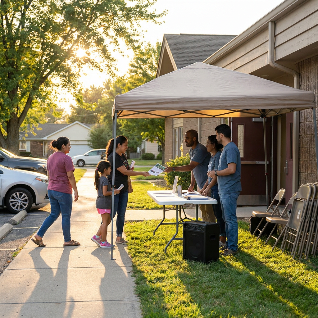A realistic American neighborhood church plant welcome event with volunteers greeting families near a simple info table, no symbolic banners, subtle portable church setup, warm evening light, candid documentary style, no visible text