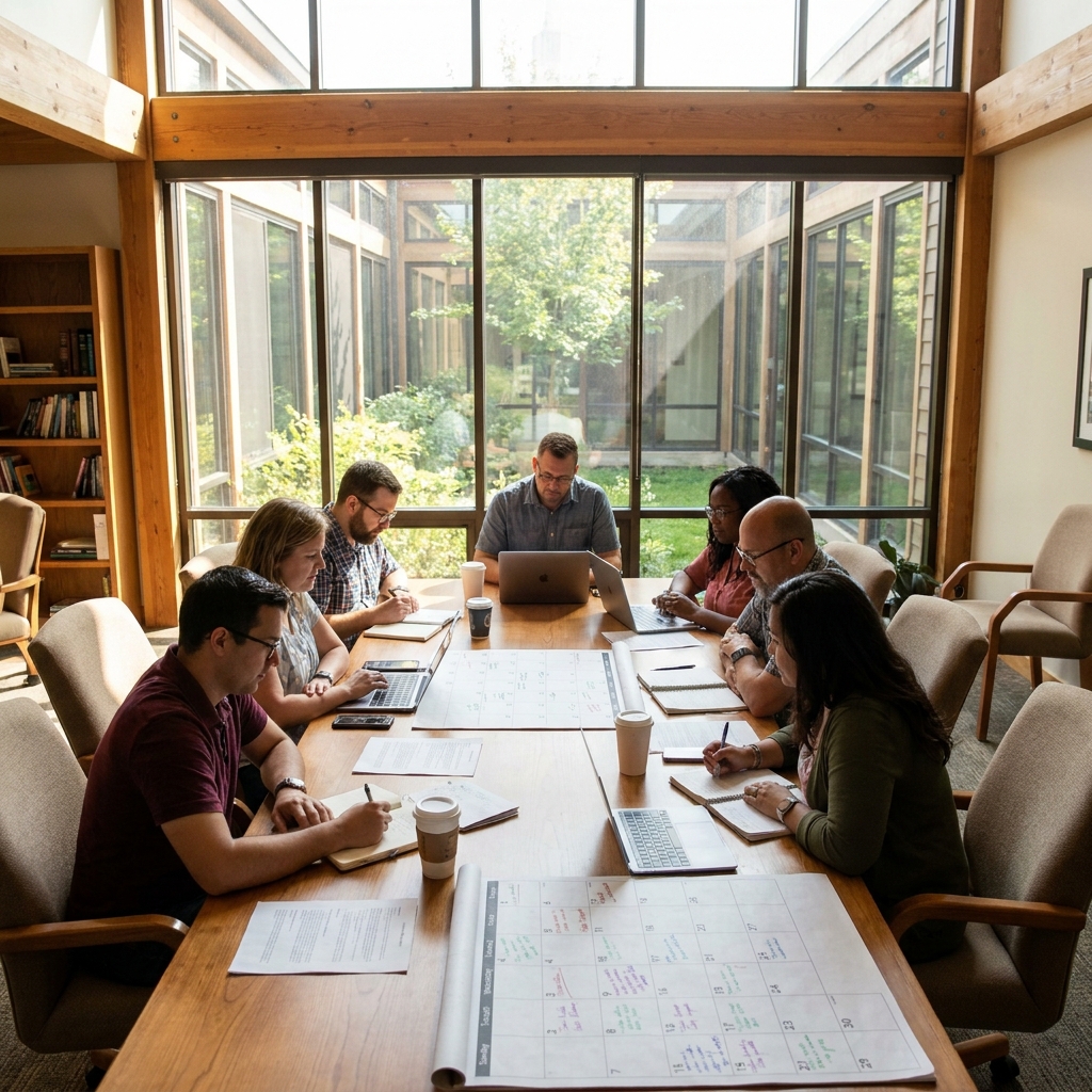 A church communications team gathered around a table planning an event campaign with calendars, laptops, and printed notes, warm natural light, realistic modern church office