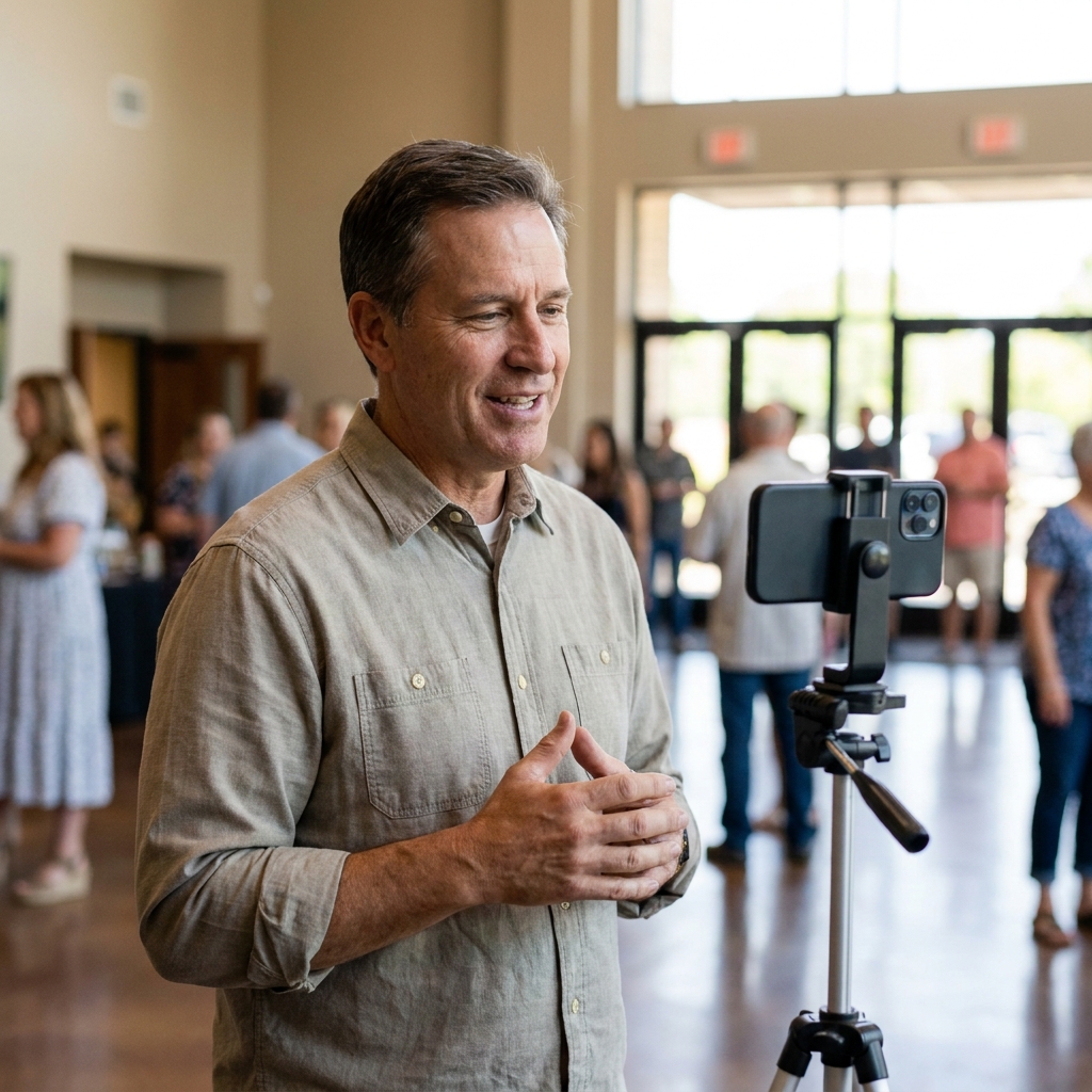A church ministry leader speaking warmly to a smartphone camera in a church lobby, candid invitation video, natural light, realistic scene, no visible text