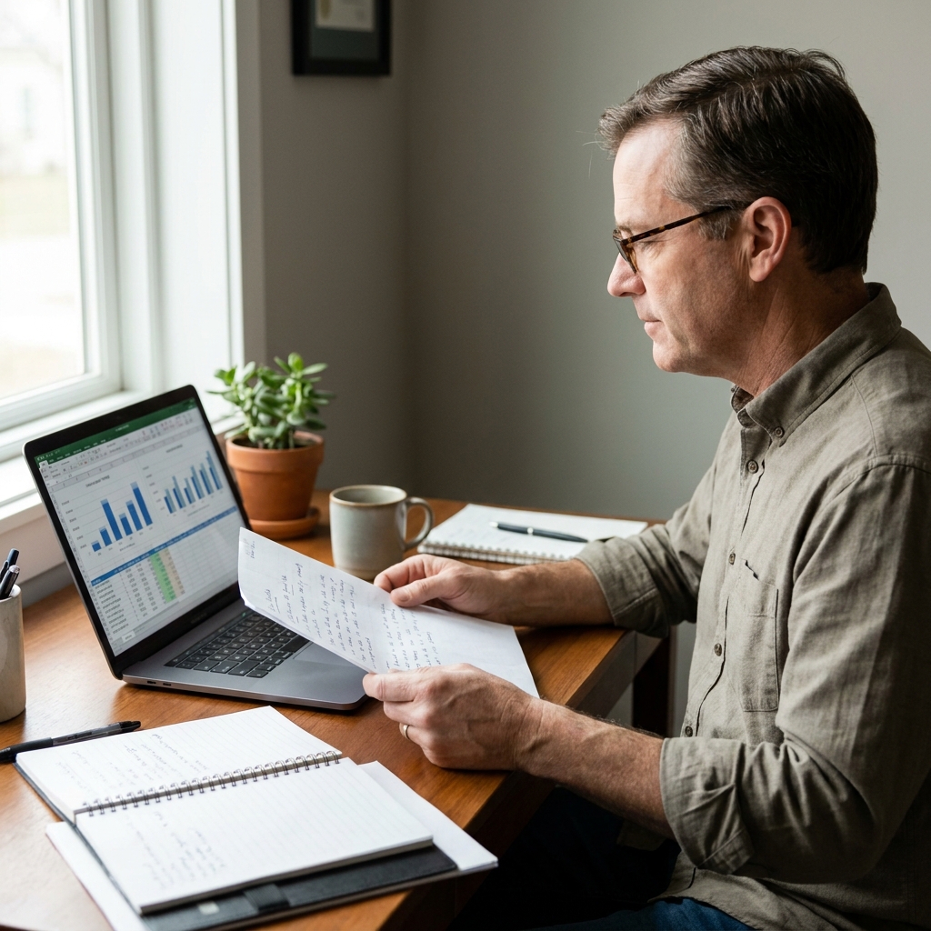 A ministry leader reviewing simple event attendance notes and communication results on a laptop after a church event, calm office setting, realistic paperwork and analytics dashboard