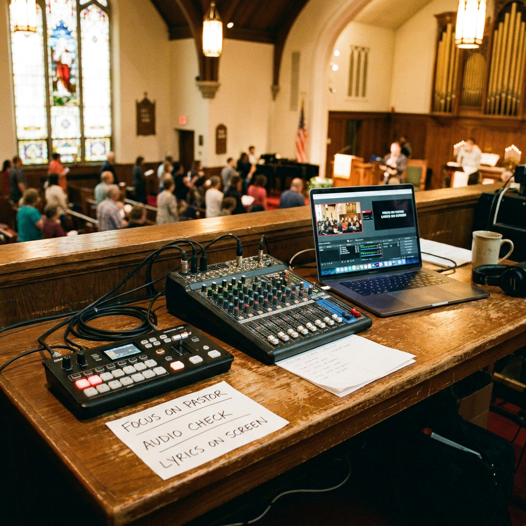 A realistic church livestream control table with a compact video switcher, audio mixer, laptop, and volunteer notes, warm sanctuary lighting, no visible brand logos or text