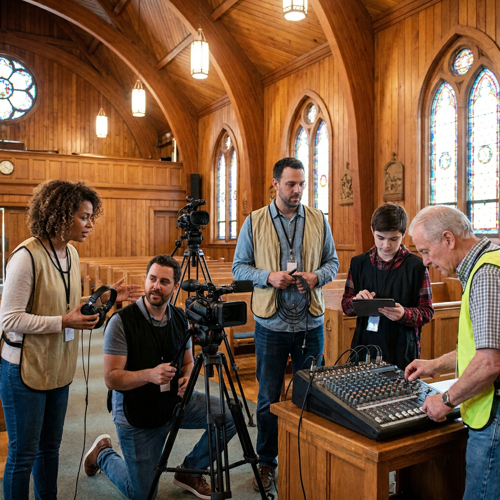 A diverse American church volunteer team preparing cameras and checking audio before a worship service, realistic sanctuary setting, natural expressions, no visible signs or text