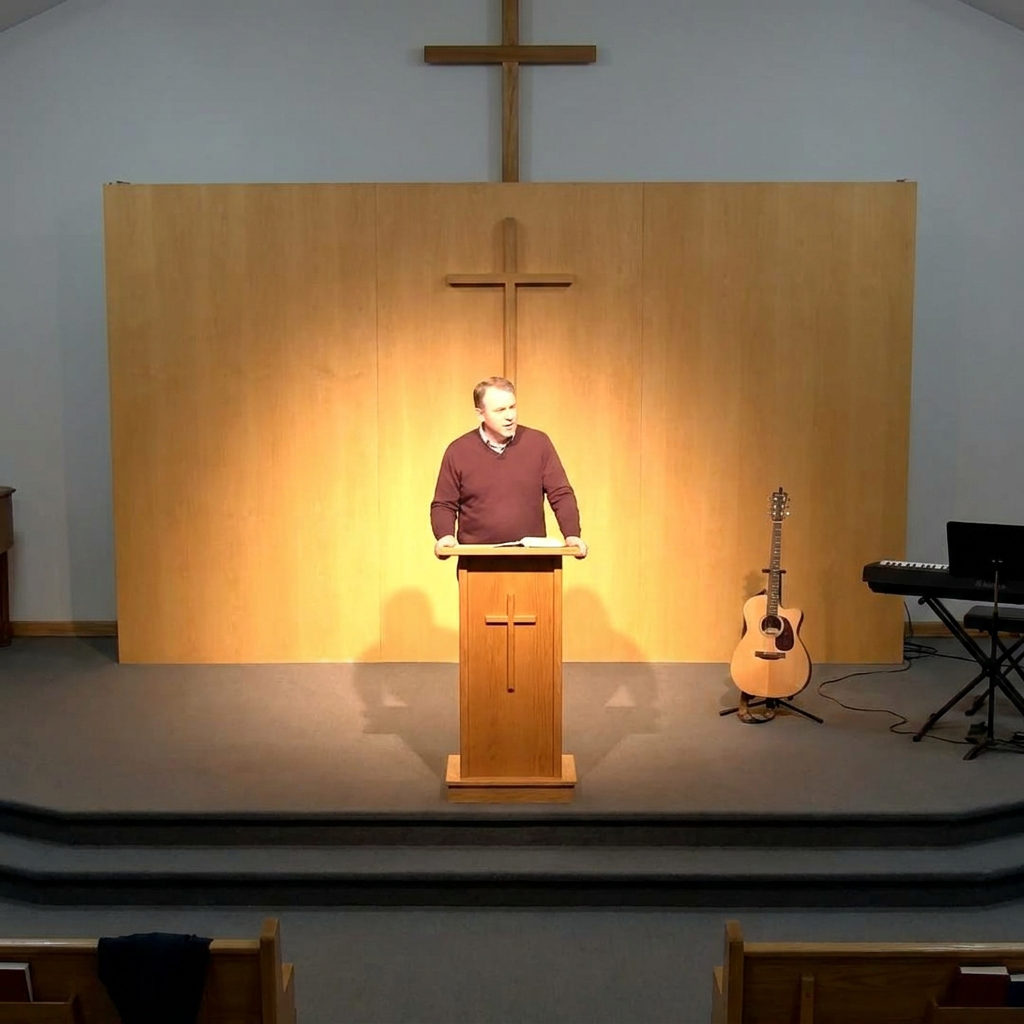 A well framed church stage seen from a livestream camera, clear lighting on the speaker, natural colors, simple background, realistic worship environment with no visible text