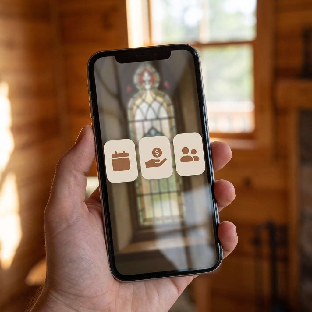 A phone screen showing a church app with clear buttons for events, giving, and connection